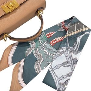 Silk Twilly Scarf – Drum & Chain Print, Green Tan – Designer Handbag Handle Wrap
